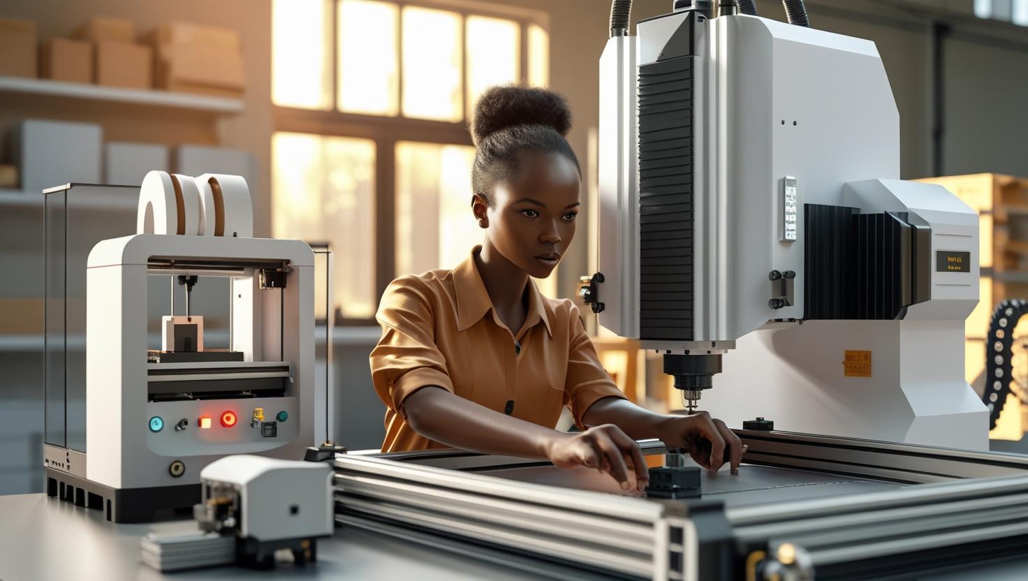 un espace avec une imprimante 3D, une découpe laser et une machine CNC avec une femme africaine entrain de piloter la CNC avec un ordinateur. image réelle (1)